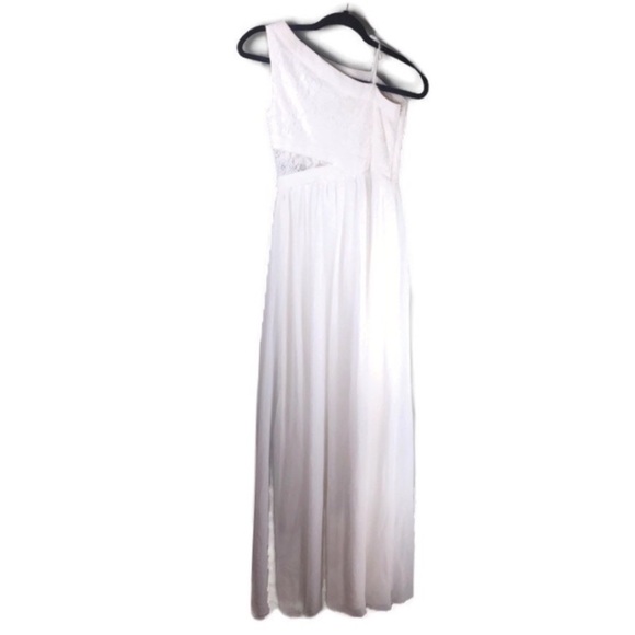 NWT Aidan Mattox Lace Peekaboo One Shoulder Chiffon Ivory Maxi Dress Size 0 - Picture 4 of 14